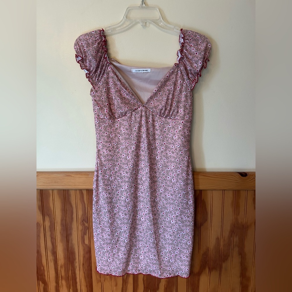 Pink Floral Mini Dress with Ruffle Sleeves